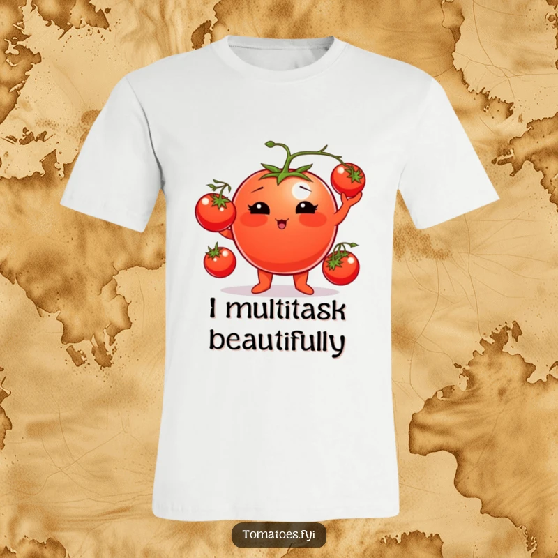 Funny tomato t-shirt depicting a plump, rosy-cheeked tomato character skillfully juggling three cherry tomatoes, a humorous wearable.
