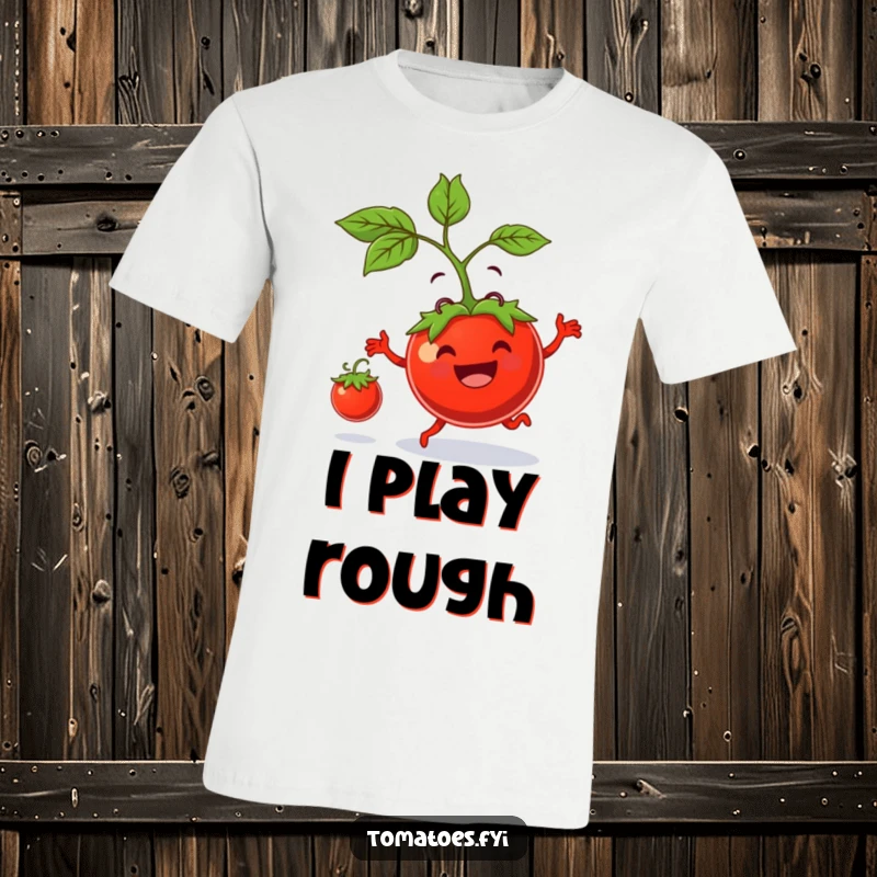 Funny t-shirt depicts a cheerful tomato parent bouncing a smaller tomato, capturing the delightful energy and humor of raising little ones.