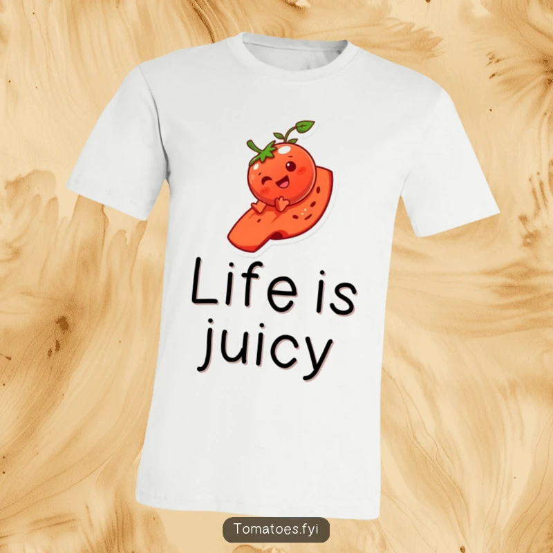 Funny tomato character t-shirt, gleefully sliding down a juicy tomato slice, embodying pure, unadulterated fun.
