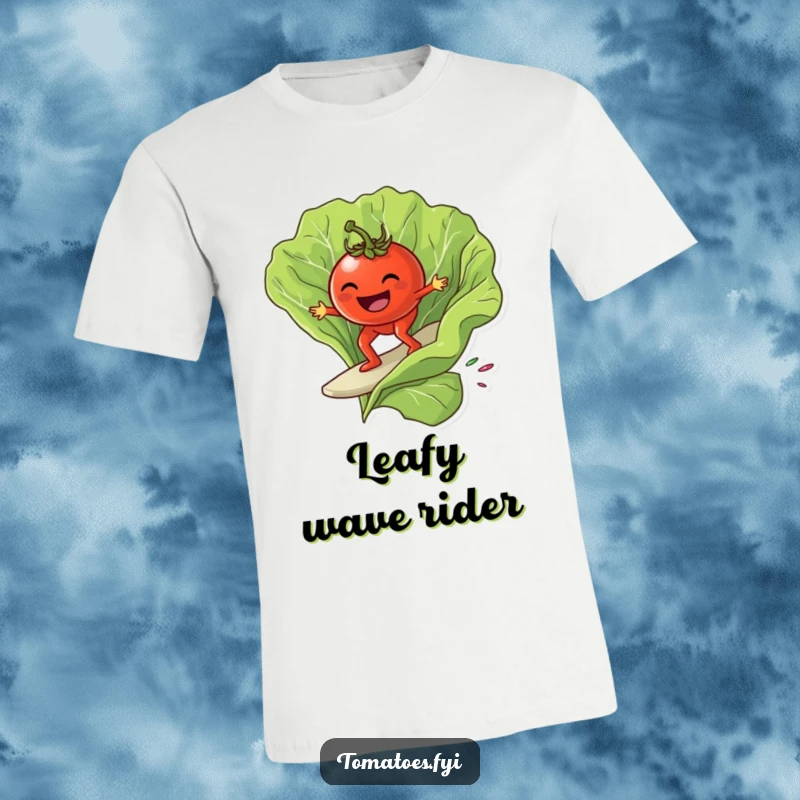 Funny grinning tomato character surfing on a giant lettuce leaf, on a funny and cool t-shirt.