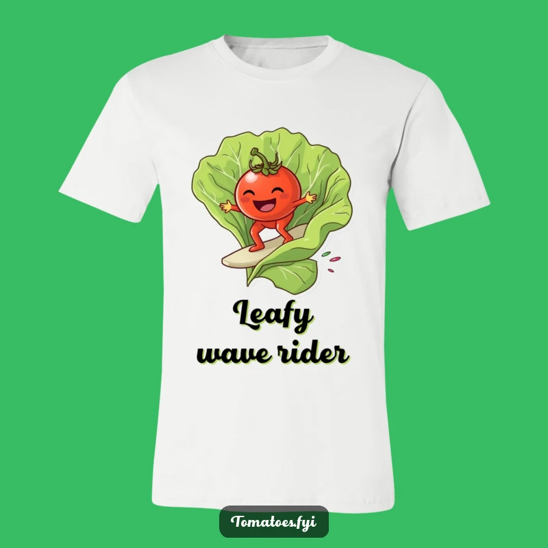 Funny Tomato Surf T-Shirt - Grinning Rider on Lettuce Wave Tee