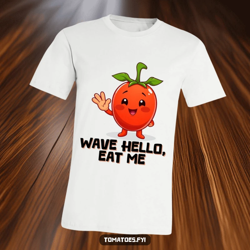 Funny t-shirt showcasing a bright red, smiling tomato character enthusiastically waving hello, radiating pure joy.