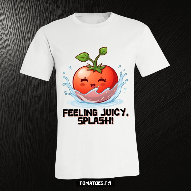 Funny t-shirt depicting a happy tomato character joyfully splish-splashing in water, radiating pure, wet fun.