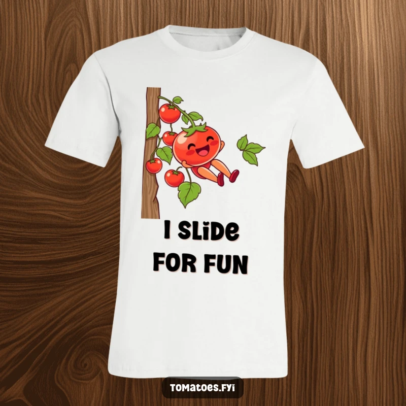 Funny t-shirt showing a tomato character joyfully sliding down a vine, depicting a fun and adventurous food-themed character illustration.
