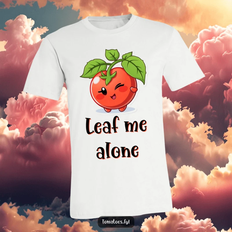 Funny t-shirt with a winking tomato character playfully peeking from behind a leaf, looking sly and a bit mischievous.