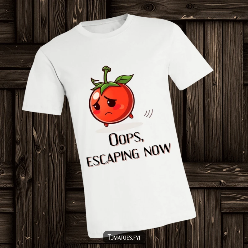 Funny t-shirt featuring a worried tomato character rolling away, comically depicting an escape from responsibility.