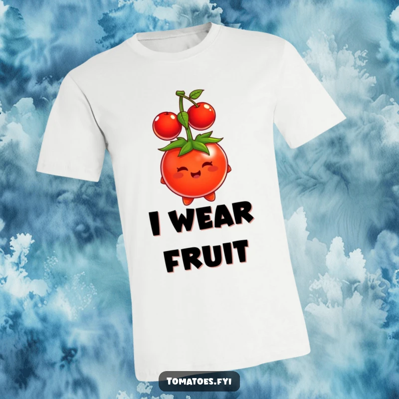 Funny tomato character comically attempting to wear a cherry as a hat, printed on a soft t-shirt.