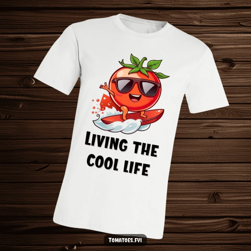 Funny surfing tomato t-shirt depicting a cool tomato with sunglasses riding a juicy tomato wave, embodying summer fun.
