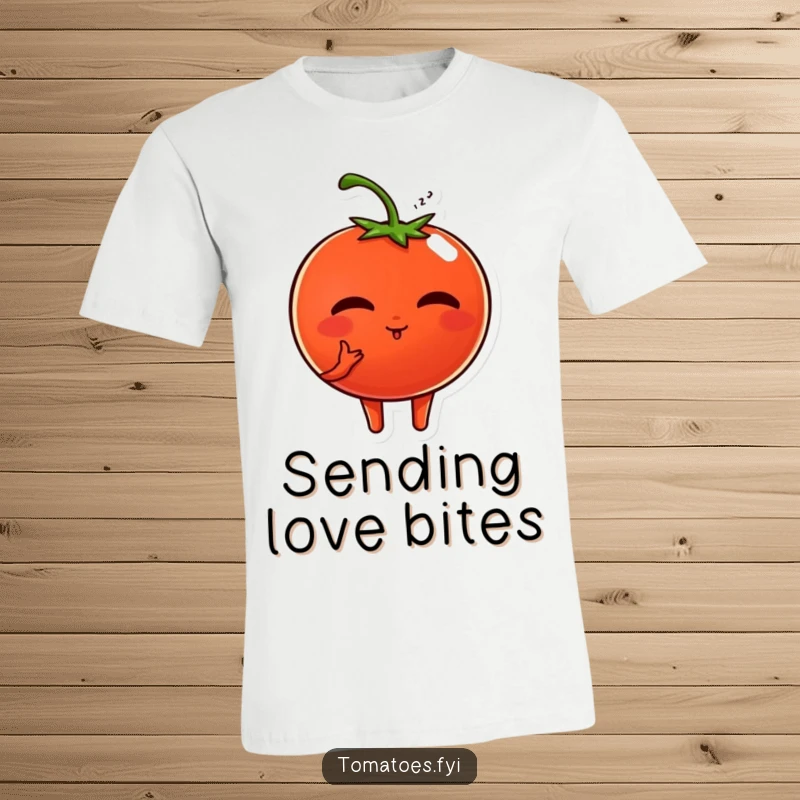 Funny t-shirt depicts a sweet tomato character blowing a kiss, showcasing love and charm with a delightful, humorous design.
