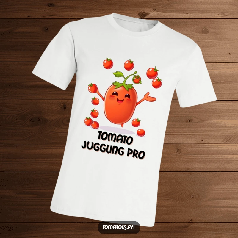 Funny t-shirt of a happy tomato character expertly juggling several small cherry tomatoes with glee.