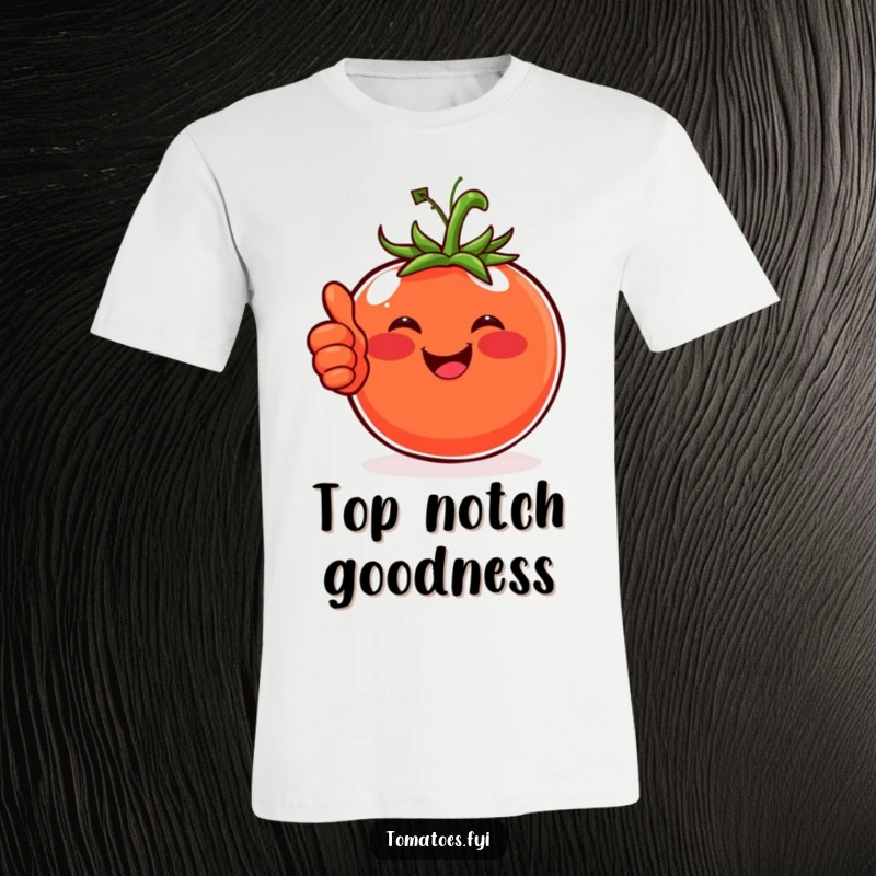 Funny t-shirt with a happy tomato sporting rosy cheeks and giving a solid thumbs-up, projecting cheerfulness.