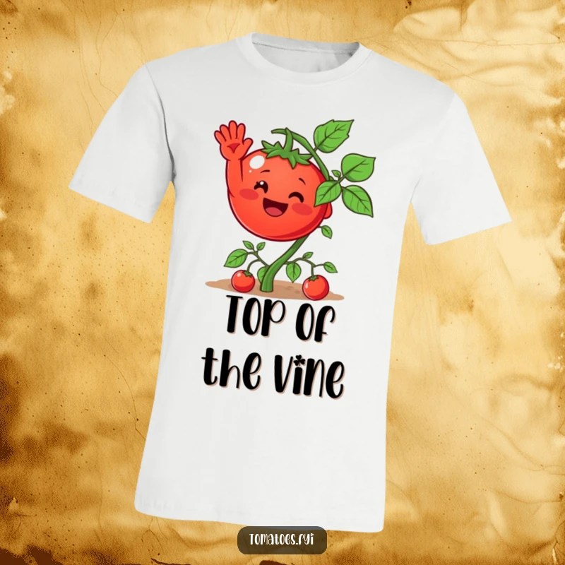Funny t-shirt with a smiling tomato character waving happily from its vine, a whimsical and funny wearable illustration.