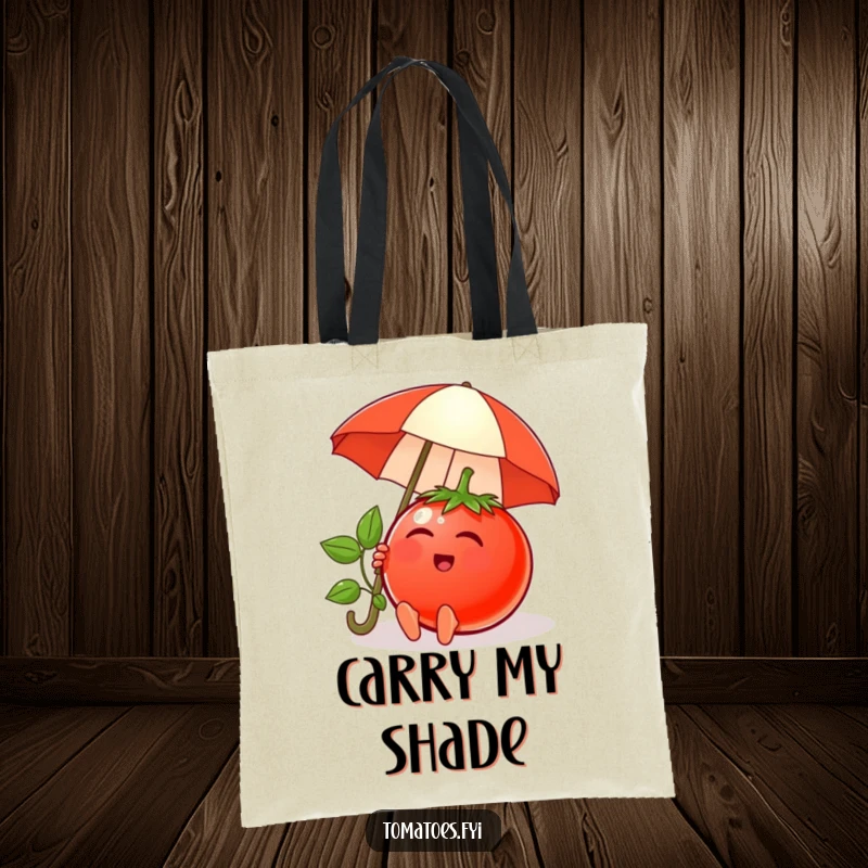 Funny tote bag with a content tomato character relaxing under a tiny umbrella, ideal for shopping and everyday use.