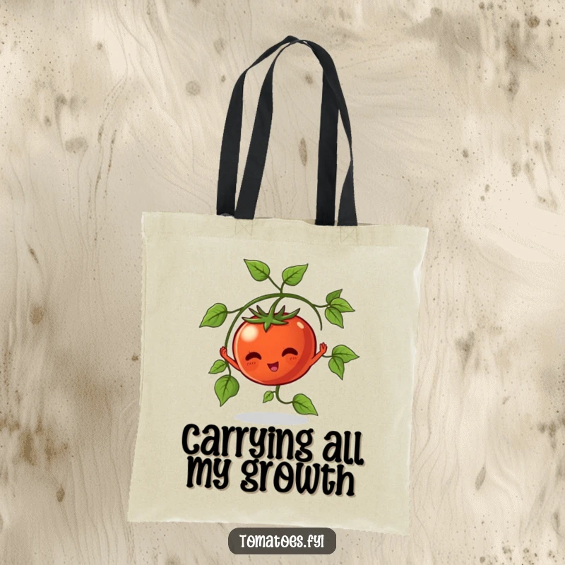 Funny Tote Bag showcasing a vine tomato character stretching its leaves, ideal for carrying garden supplies humorously.