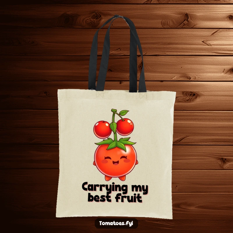 Funny tomato character comically trying to use a cherry as a hat, printed on a durable tote bag.