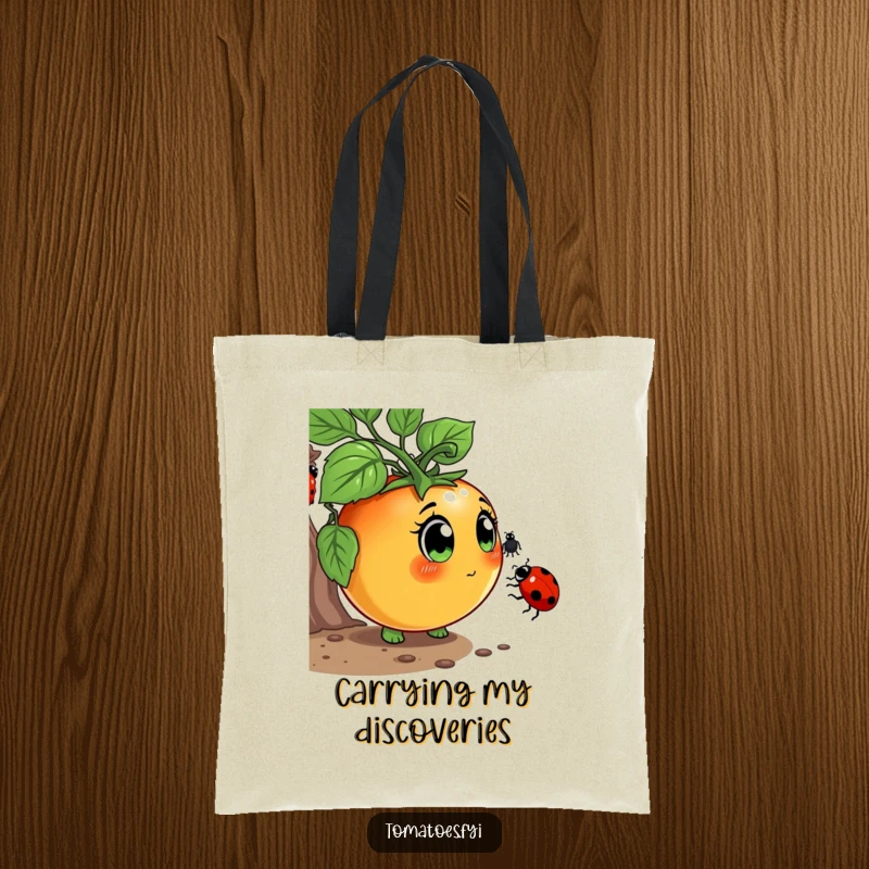 Funny Tote Bag with a curious tomato character with wide eyes, sniffing a ladybug, a stylish and humorous accessory.