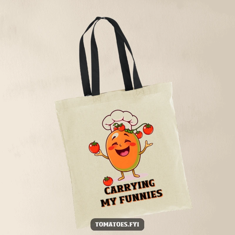 Funny laughing chef tomato tote bag, wearing a hat and juggling cherry tomatoes, humorous and practical.