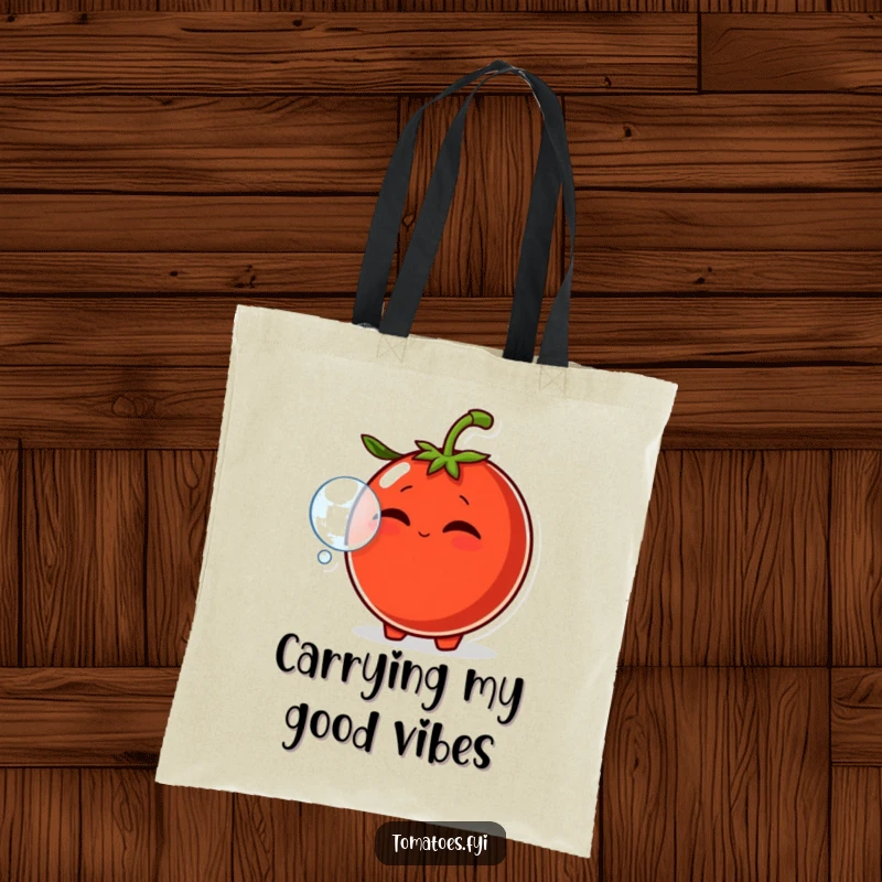 Funny tote bag depicting a smirking tomato character blowing a bubble with its mouth, ideal for shopping and daily errands.