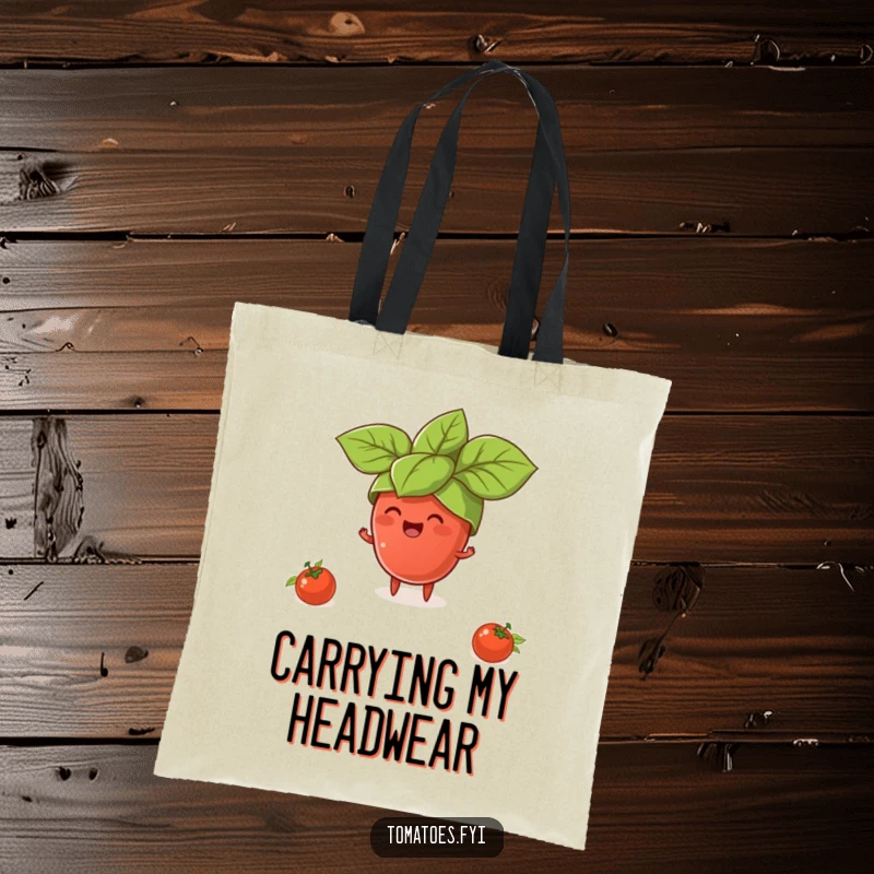 Funny tote bag featuring a tiny tomato character wearing a giant basil leaf hat, a humorous and practical foodie accessory.