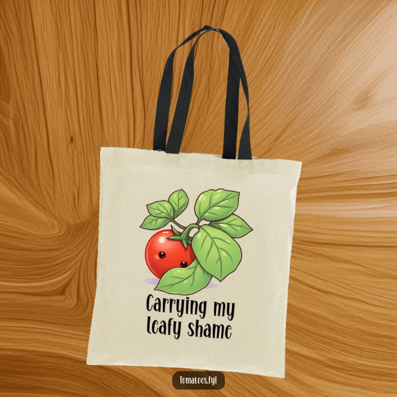 Funny shy tomato character peeking playfully from behind a basil leaf on a durable tote bag.