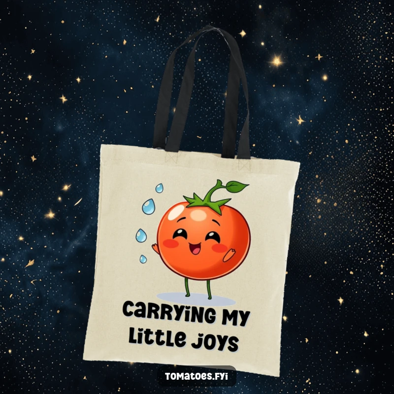 Funny tomato character joyfully juggling tiny dew drops on this tote bag, a charming and practical accessory.
