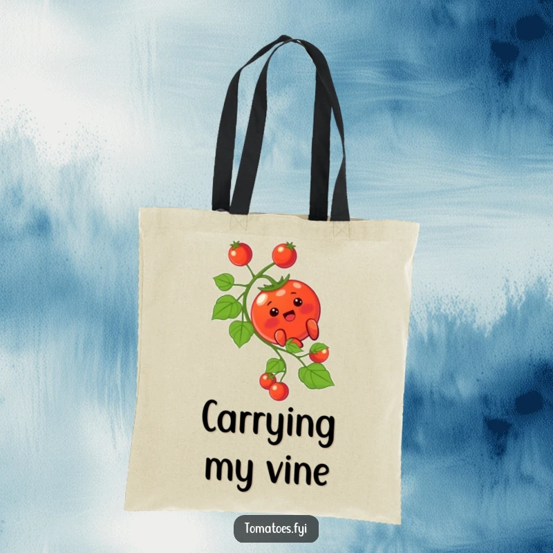 Funny Tote Bag: A blushing tomato character gracefully slides down a vine, embodying pure joy. A funny gift.