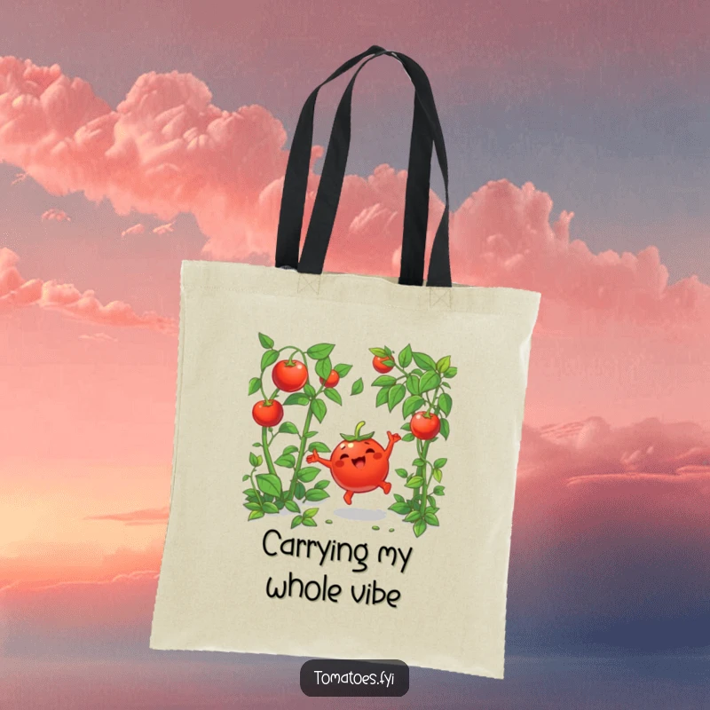 Funny tote bag showcasing a joyful cartoon tomato performing a cartwheel amidst greenery, exuding playful energy.