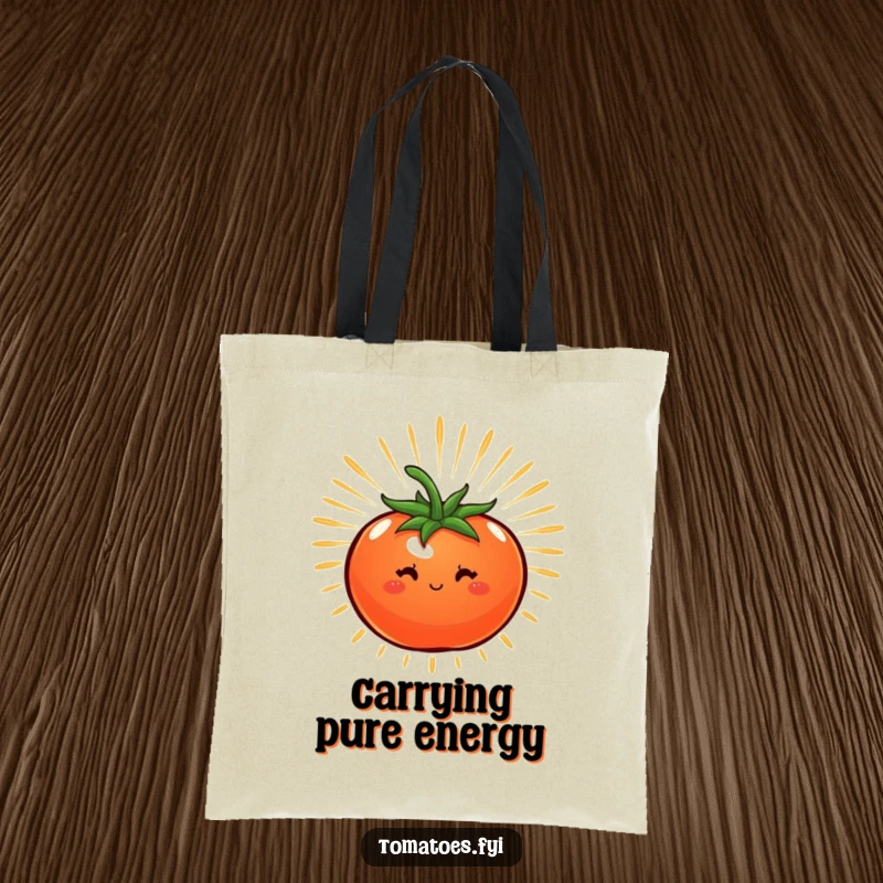 Funny tote bag with a tomato radiating a starburst of energy, perfect for carrying items with vibrant humor.