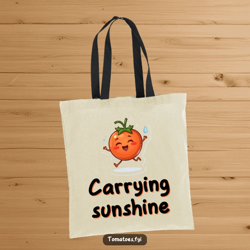 Funny tote bag showing a cheerful tomato character happily skipping with a dewdrop, perfect for carrying items and spreading joy.