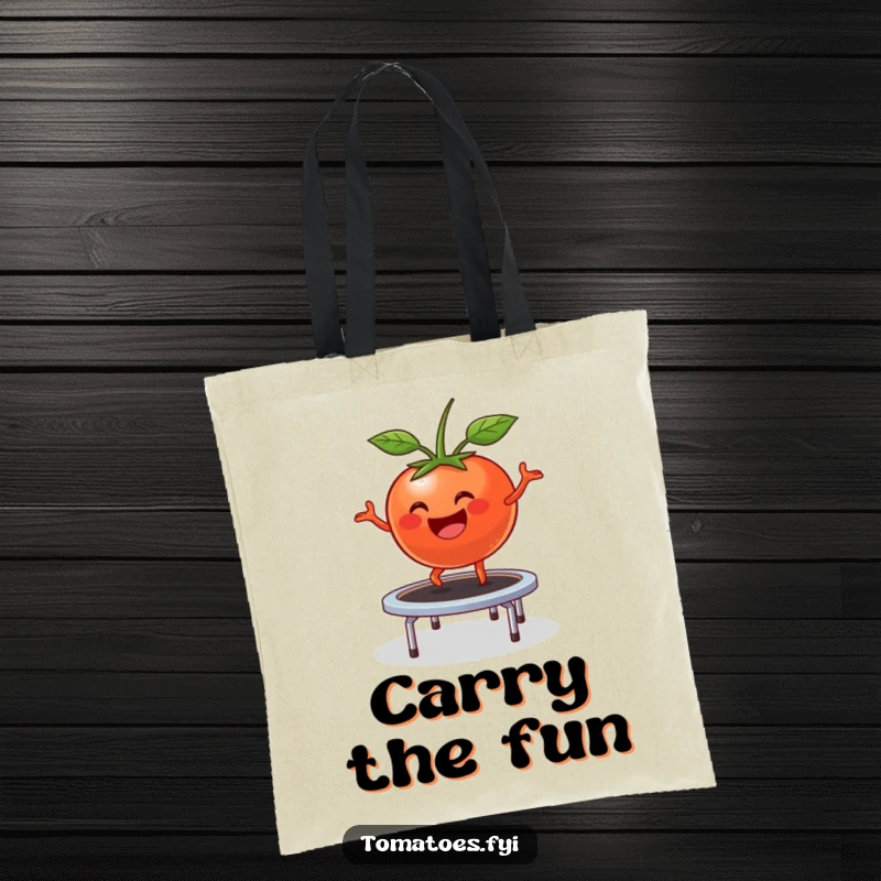 Funny Tote Bag: Happy tomato character comically bounces on a small trampoline, a humorous and cheerful carryall.