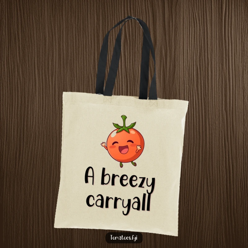 Funny tote bag with a thrilled tomato character being carried by a gentle breeze, a calm and stylish accessory.