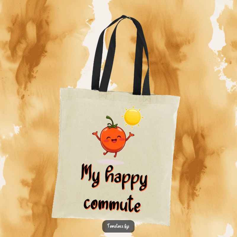 Funny tote bag with a cheerful tomato character dancing in the sun, a vibrant and humorous accessory.