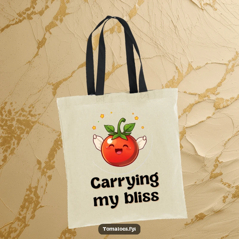 Funny joyful tomato character with tiny wings flying in a circle on a durable and spacious tote bag.