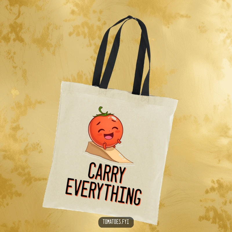 Funny tote bag showing a giggling tomato character joyfully rolling down a small incline, perfect for carrying essentials and smiles.