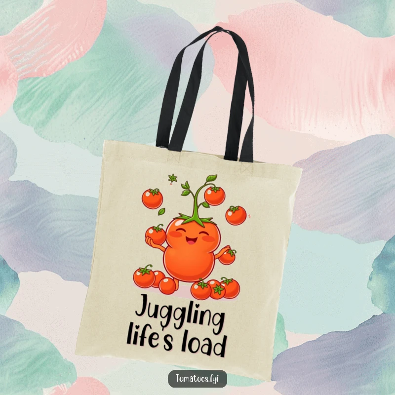 Funny Tote Bag: A laughing tomato character juggles tiny tomatoes. A funny gift.