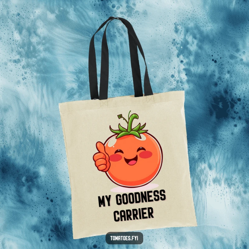 Funny tote bag depicting a happy tomato with rosy cheeks giving a thumbs-up, perfect for stylish positivity.