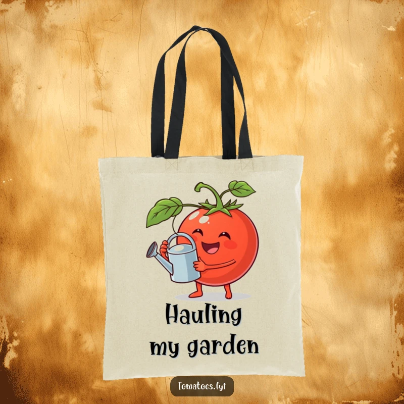 Funny tote bag designed with a jovial tomato holding a tiny watering can, perfect for stylish plant care.