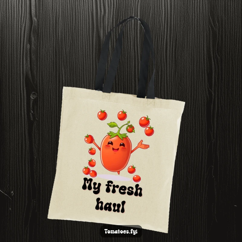 Funny tote bag depicting a happy tomato character juggling small cherry tomatoes, perfect for market days.