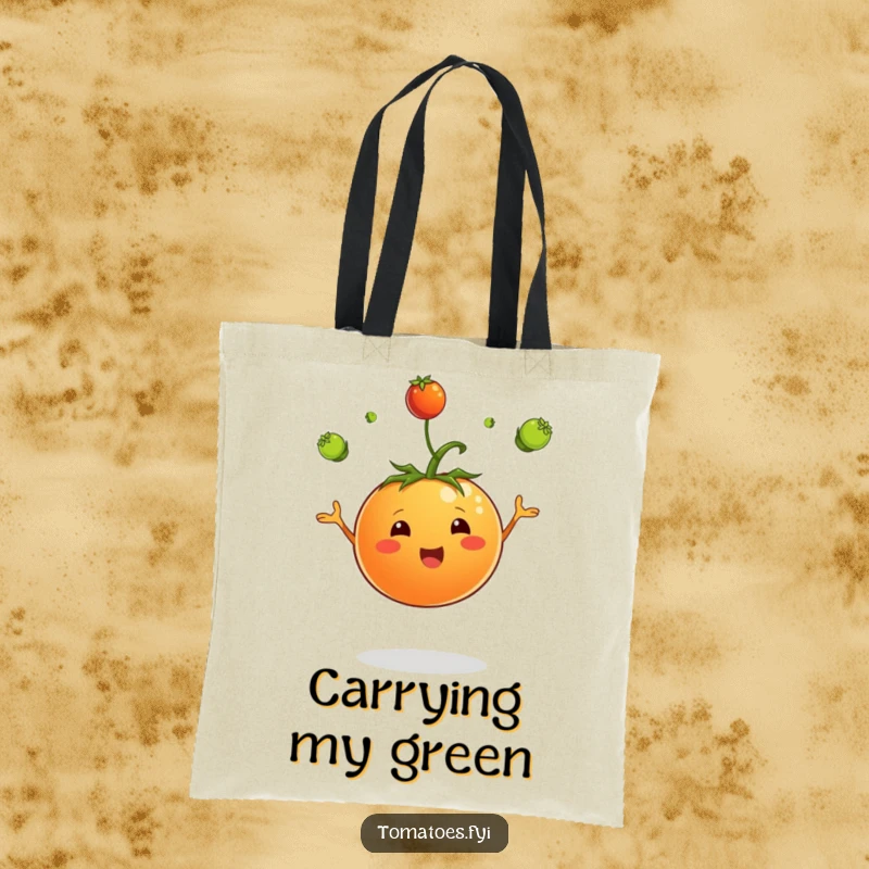Funny tote bag showing a jubilant tomato character skillfully juggling tiny green sprouts, ideal for market trips or daily use.