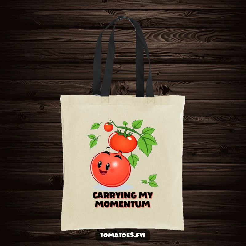 Funny tomato tote bag showcasing a smiling tomato character joyfully rolling down a vine, ideal for carrying items with humor.