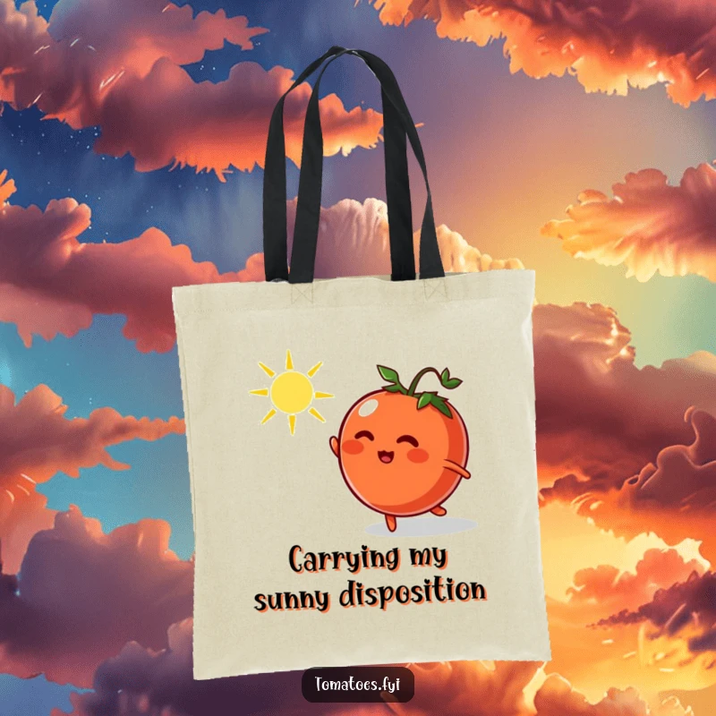 Funny tote bag featuring a cartoon tomato in hot pursuit of a lively dancing sunbeam, illustrating pure, unadulterated fun.