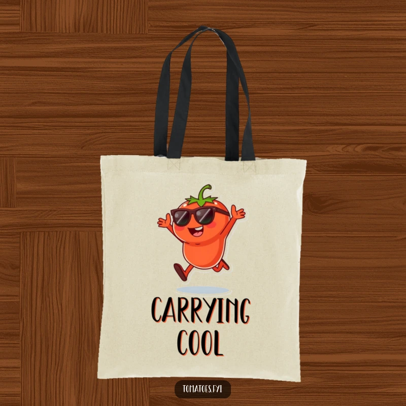 Funny tote bag with a cool tomato character in sunglasses doing a playful jump, a stylish and humorous accessory.