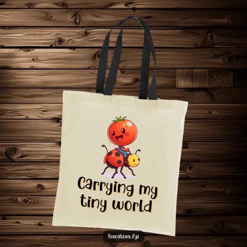 Funny tote bag with a tomato character comically riding a ladybug like a tiny steed, perfect for carrying groceries and humor.