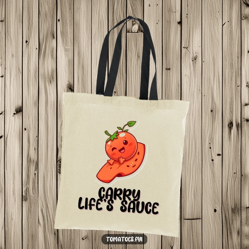 Funny tomato character tote bag, enjoying a hilarious slide down a tomato slice, perfect for carrying groceries with glee.