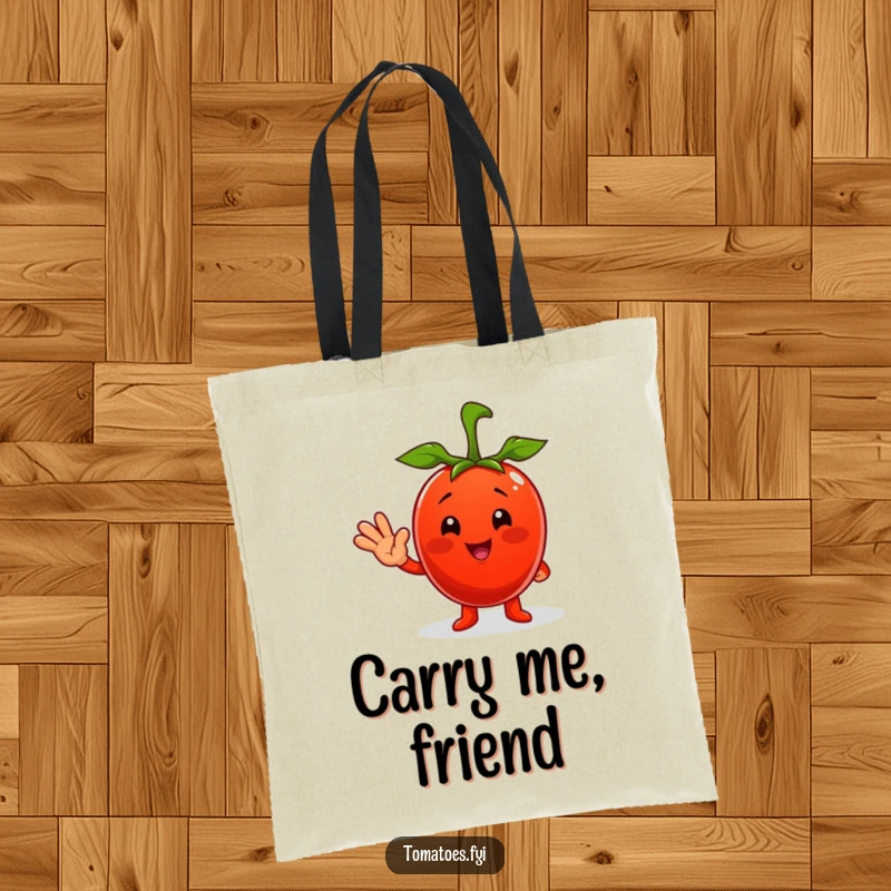 Funny tote bag displaying a bright red tomato character in a friendly, cheerful waving pose, ready for adventure.