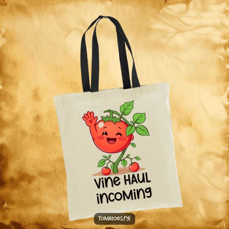 Funny tote bag featuring a happy tomato character waving from its vine, a practical and humorous accessory for daily use.