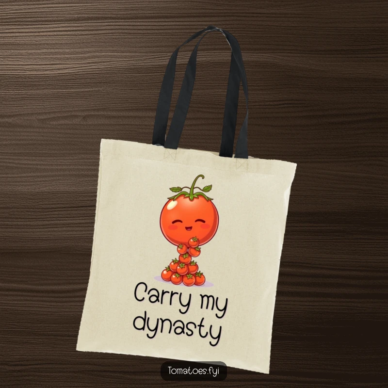 Funny tote bag with a winking tomato character balancing a pile of tiny tomatoes, ideal for shopping.