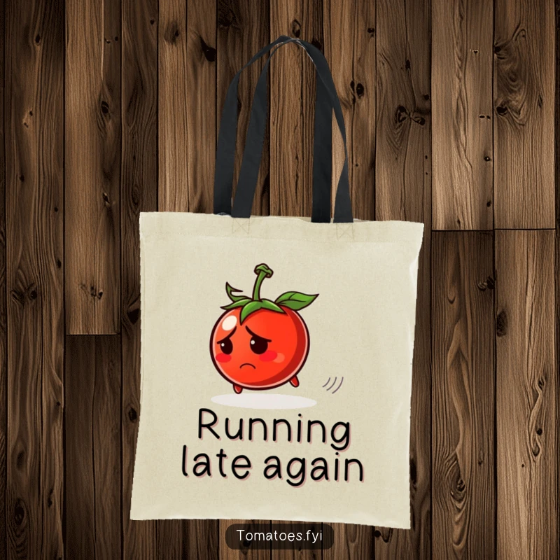 Funny tote bag with a worried tomato character rolling away, humorously illustrating an escape and relatable stress.