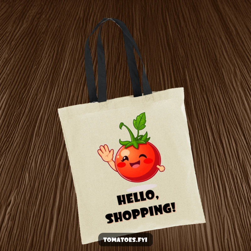Funny tote bag with a smiling tomato character giving a friendly wave, perfect for carrying essentials with a cheerful and welcoming theme.
