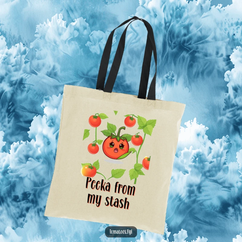 Funny Surprised Tomato Tote Bag: A tote bag depicting a tomato character popping out from a leaf in surprise.